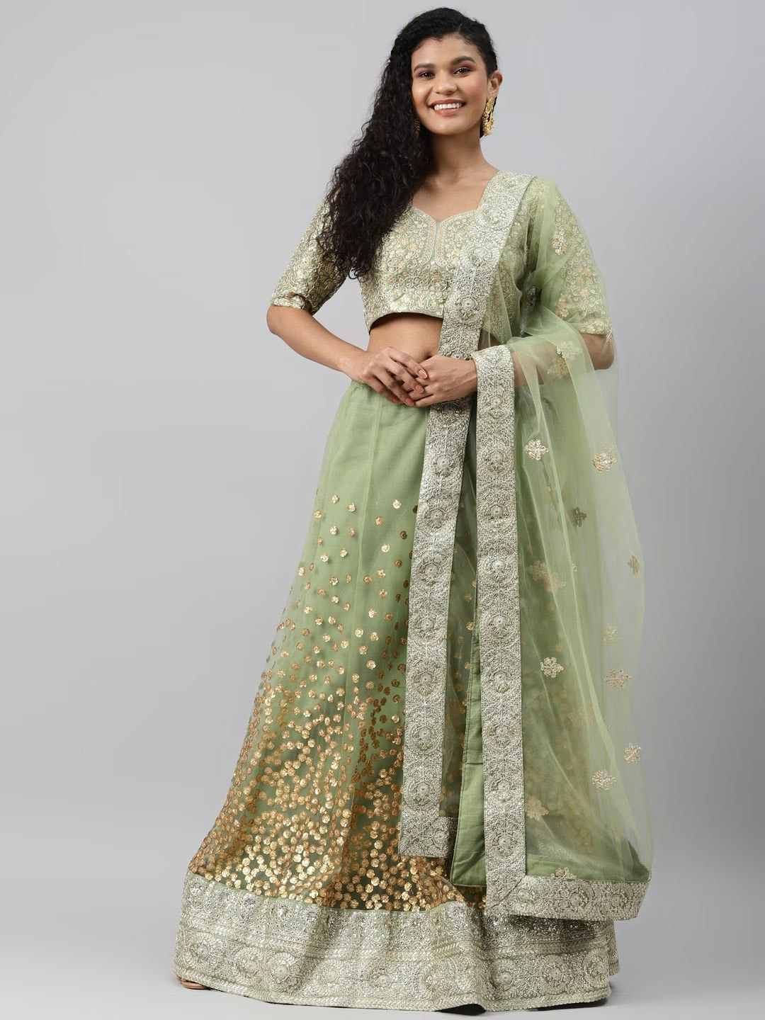DIVINE EXIM Embroidered Sequinned Semi-Stitched Lehenga & Unstitched Blouse With Dupatta