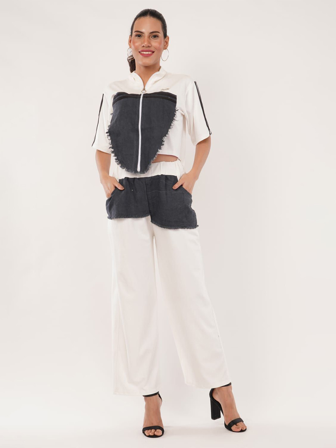 HIGH BUY Denim Colourblocked Top With Trouser