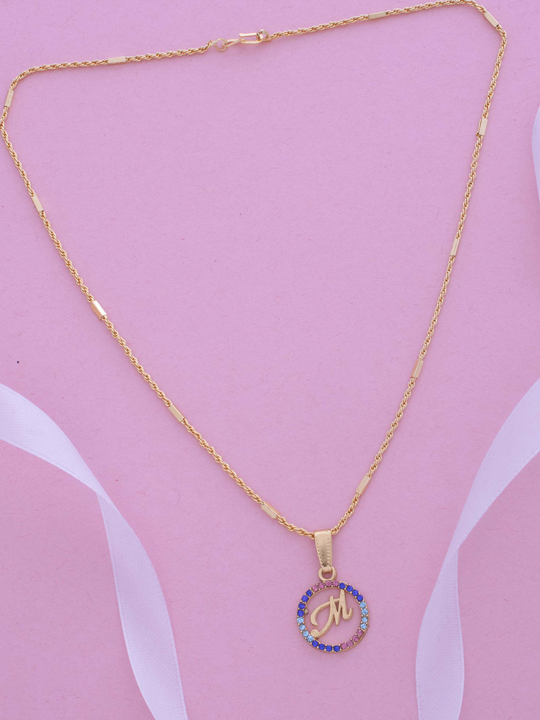 Ramdev Art Fashion Jwellery Gold-Plated Stone Studded M-Letter Pendant With Chain