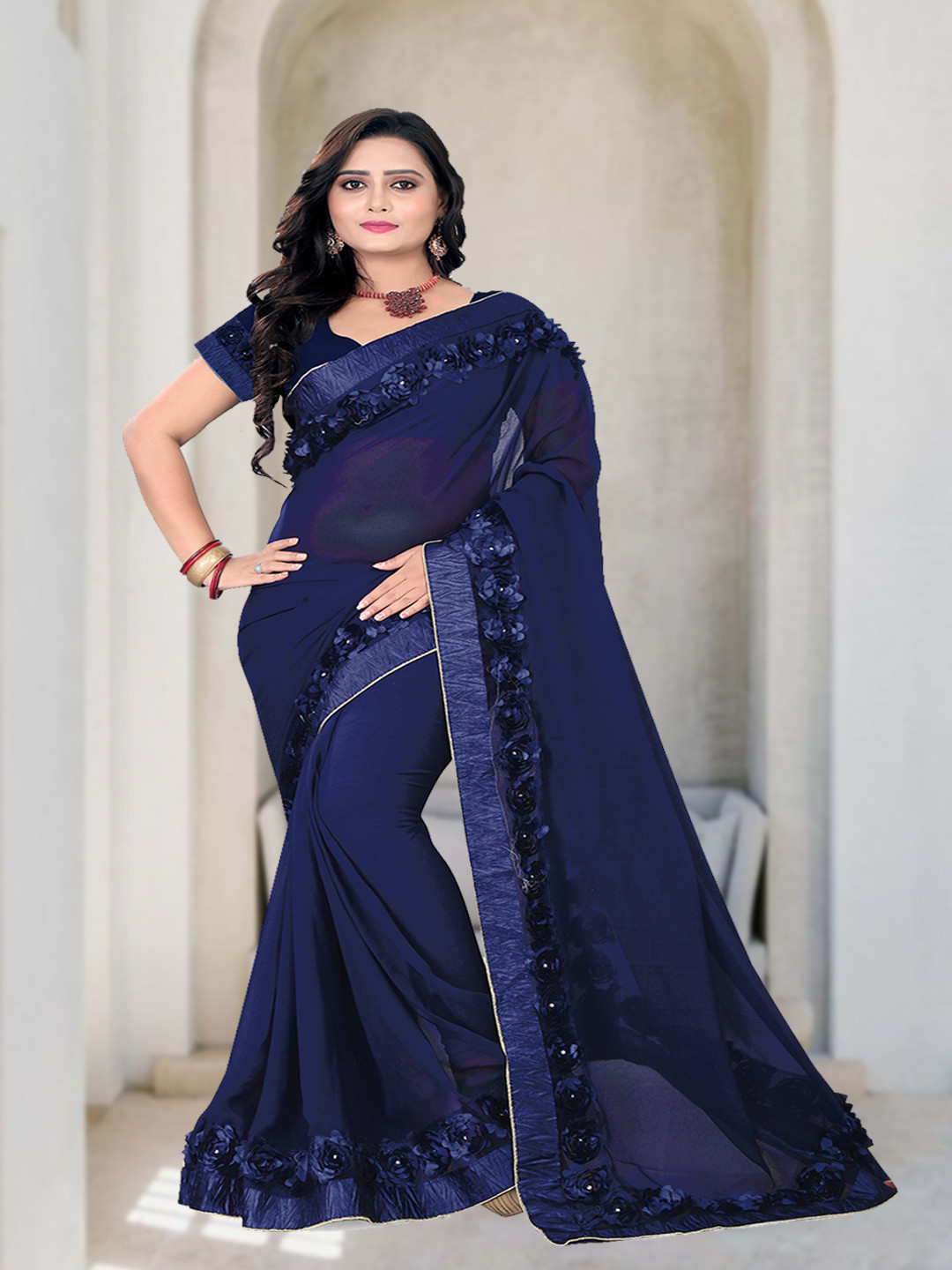 KALINI Navy Blue Beads and Stones Poly Georgette Saree