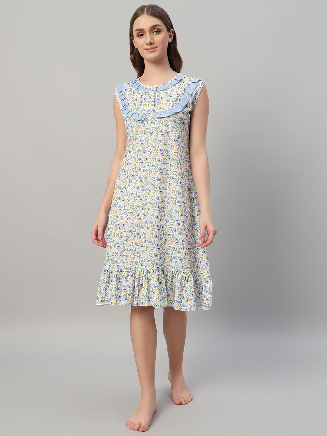 SEPHANI Blue Printed Pure Cotton Knee Length Nightdress