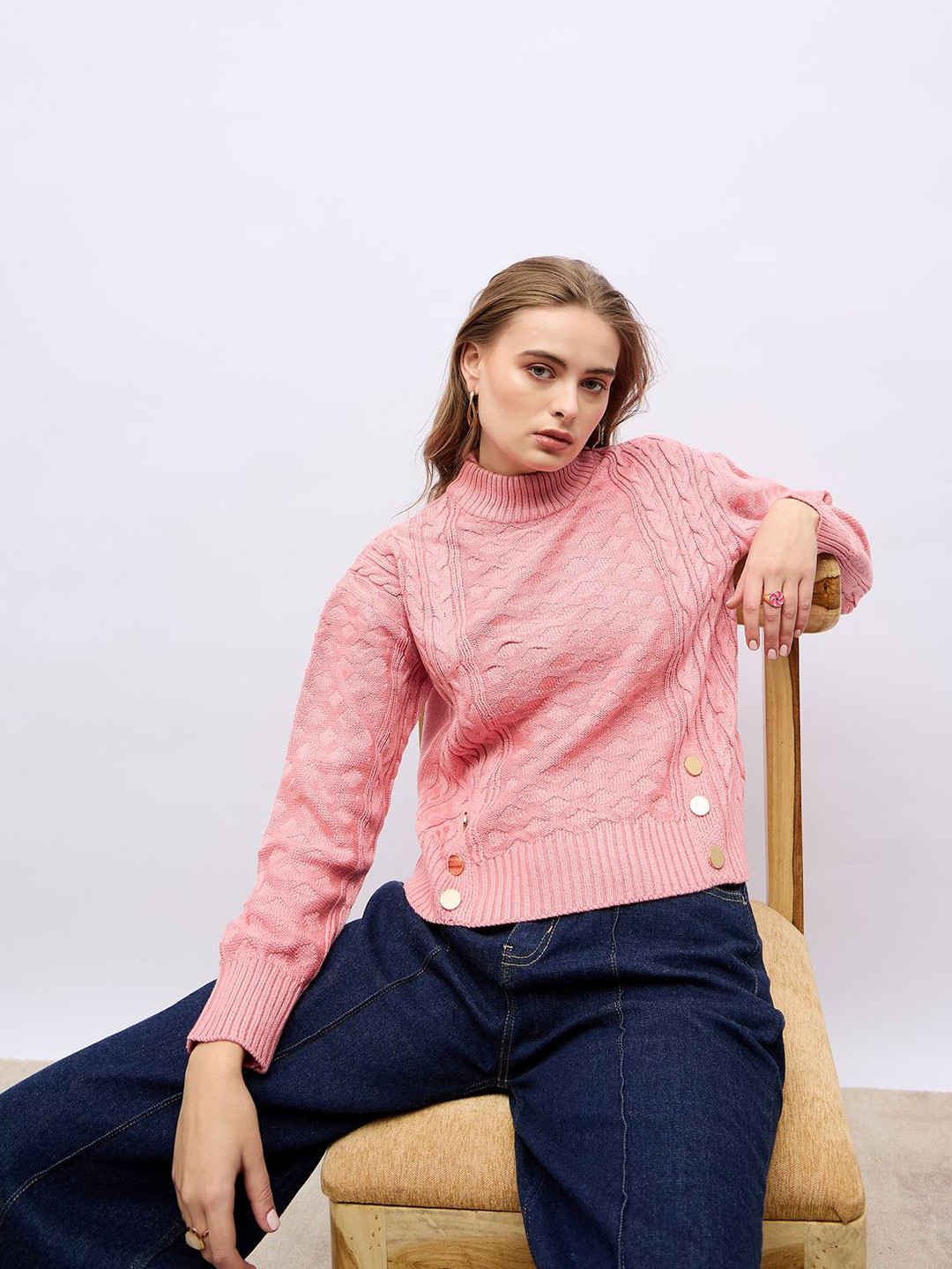 Styli Women Self Design Short Length Regular Fit  High Neck Sweater With Front Buttons Detail