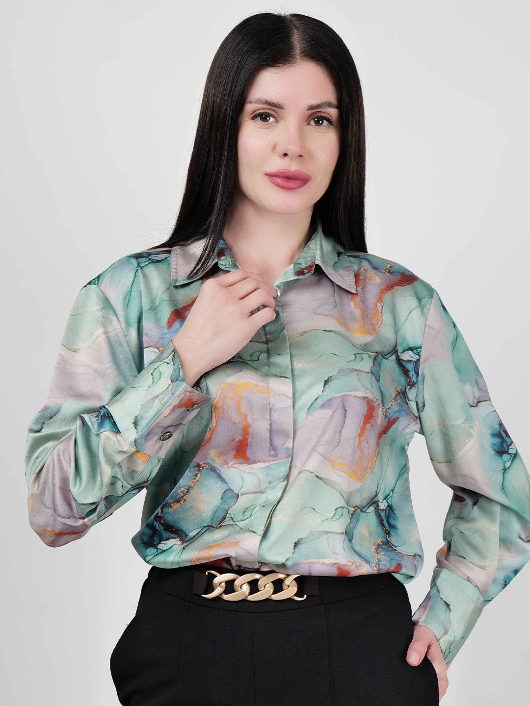 DRIRO Women Premium Fit Spread Collar Abstract Printed Satin Party Shirt