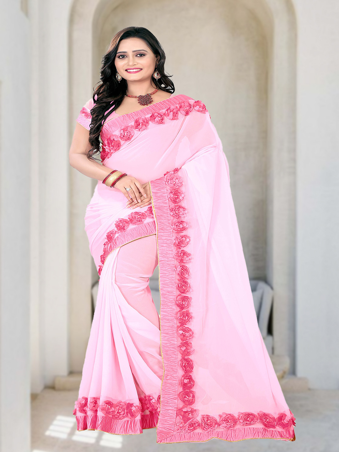 KALINI Rose & White Beads and Stones Saree