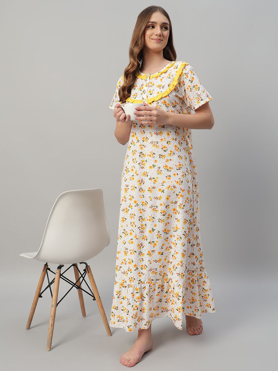 SEPHANI Yellow Printed Pure Cotton Maxi Nightdress