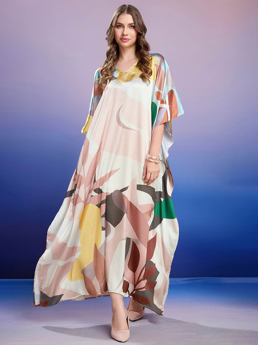 LABEL AARNA Women Rosy Mist Soft Satin Kaftan with Digital Print