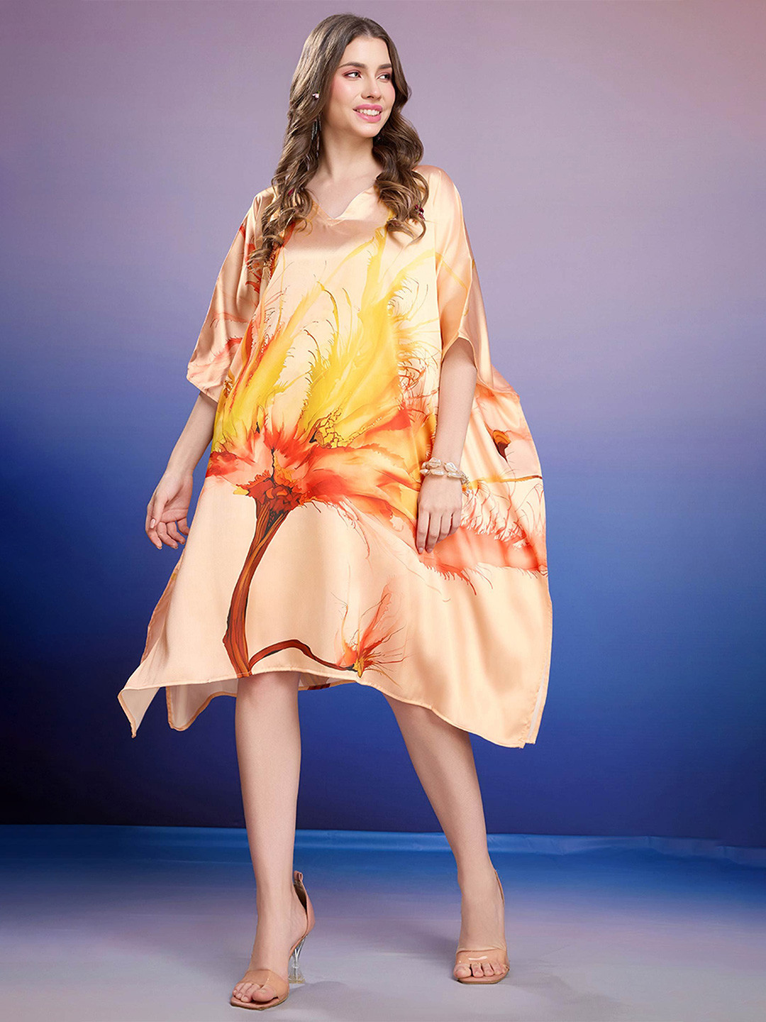 LABEL AARNA Women Sunburst Radiance Soft Satin Short Kaftan with Digital Print