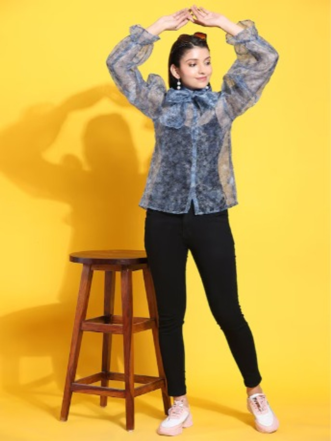 Rujave Abstract Printed Tie Up Neck Puff Sleeve Organza Shirt Style Top