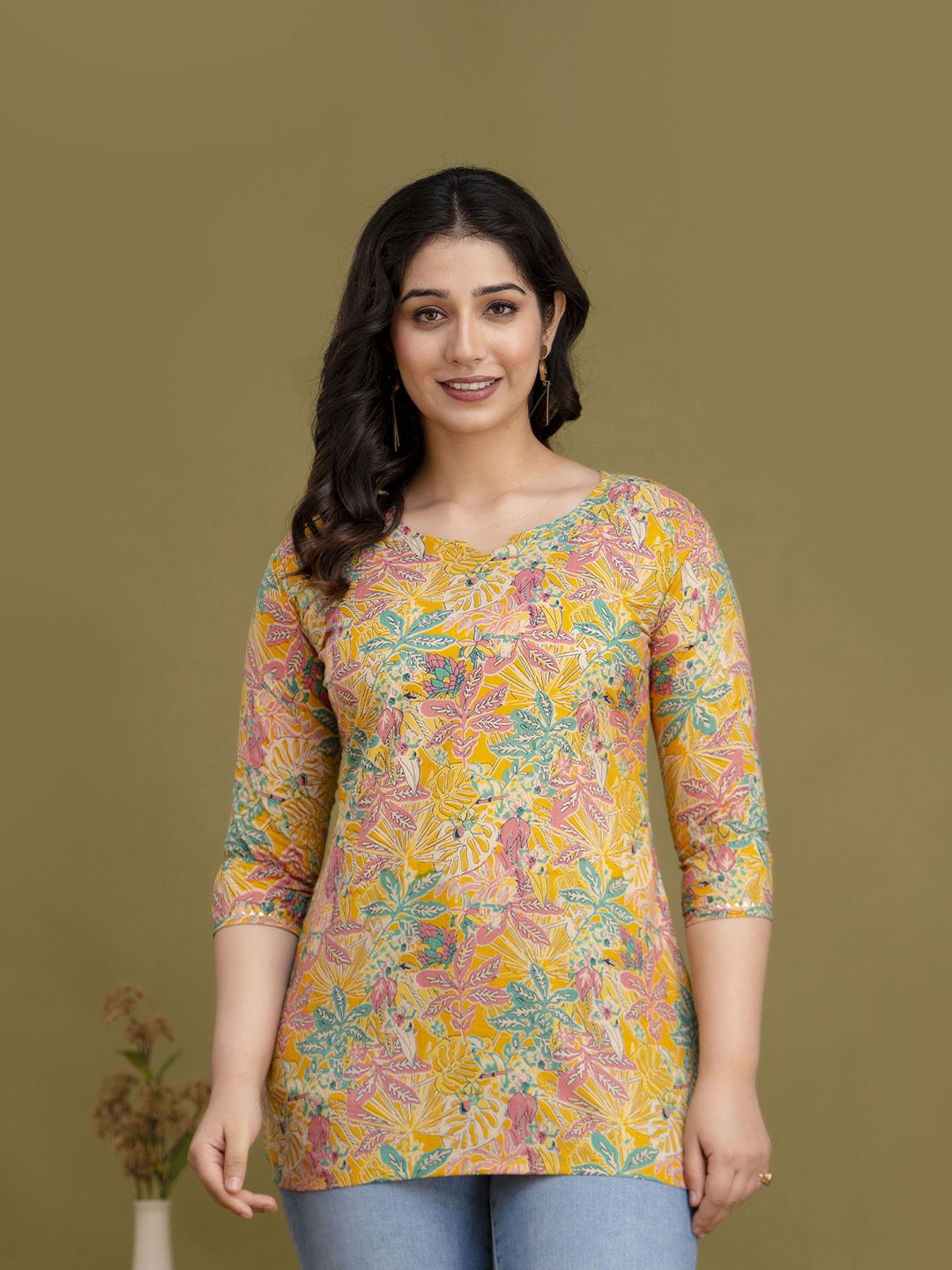 FEMARY Floral Print Sweetheart Neck Cotton Top