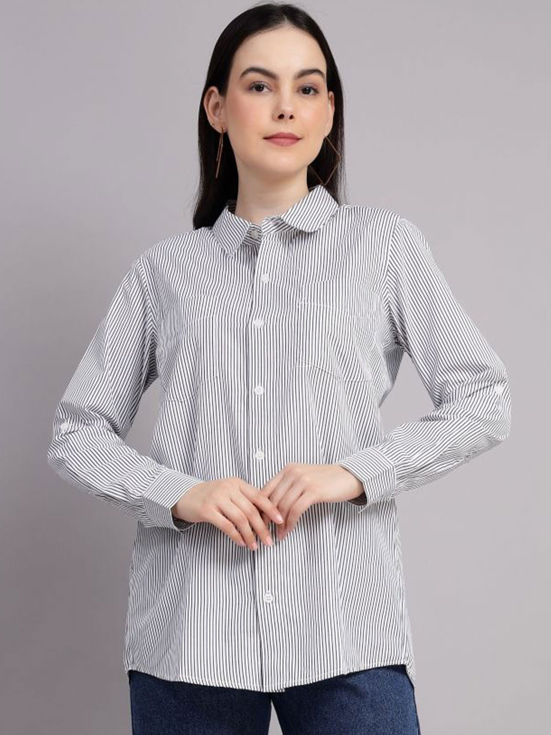 Blue Ronin Women Classic Relaxed Fit Spread Collar Vertical Striped Cotton Casual Shirt