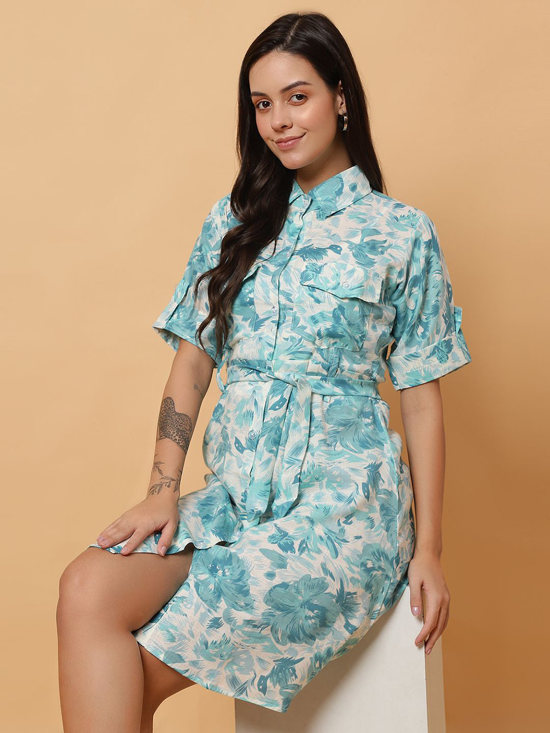 ROSEMELON Floral Print Shirt Mini Dress