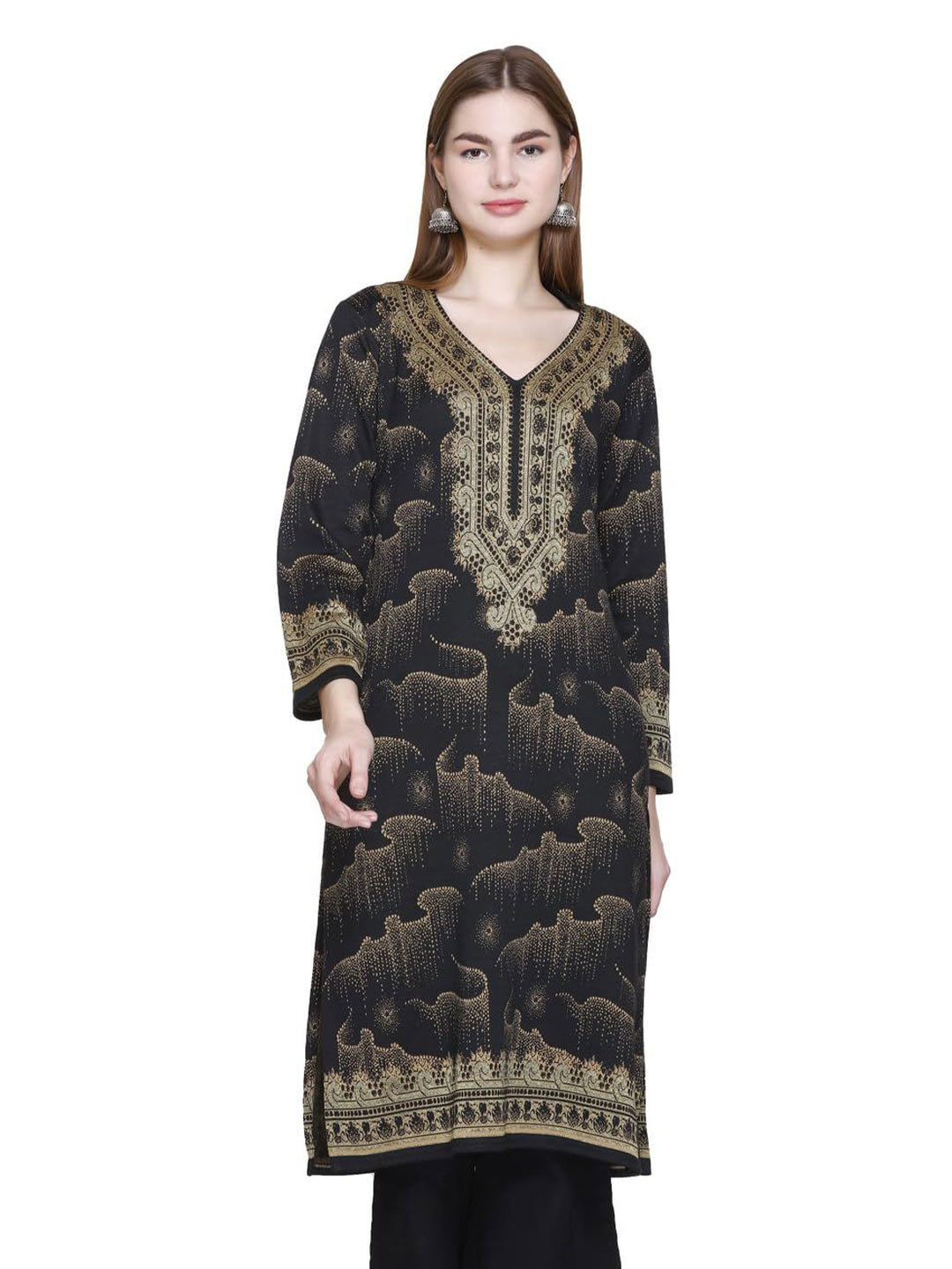 ROSARY Ethnic Motifs Woven Design Mandarin Collar Jacquard Woolen Kurta With Side Pockets