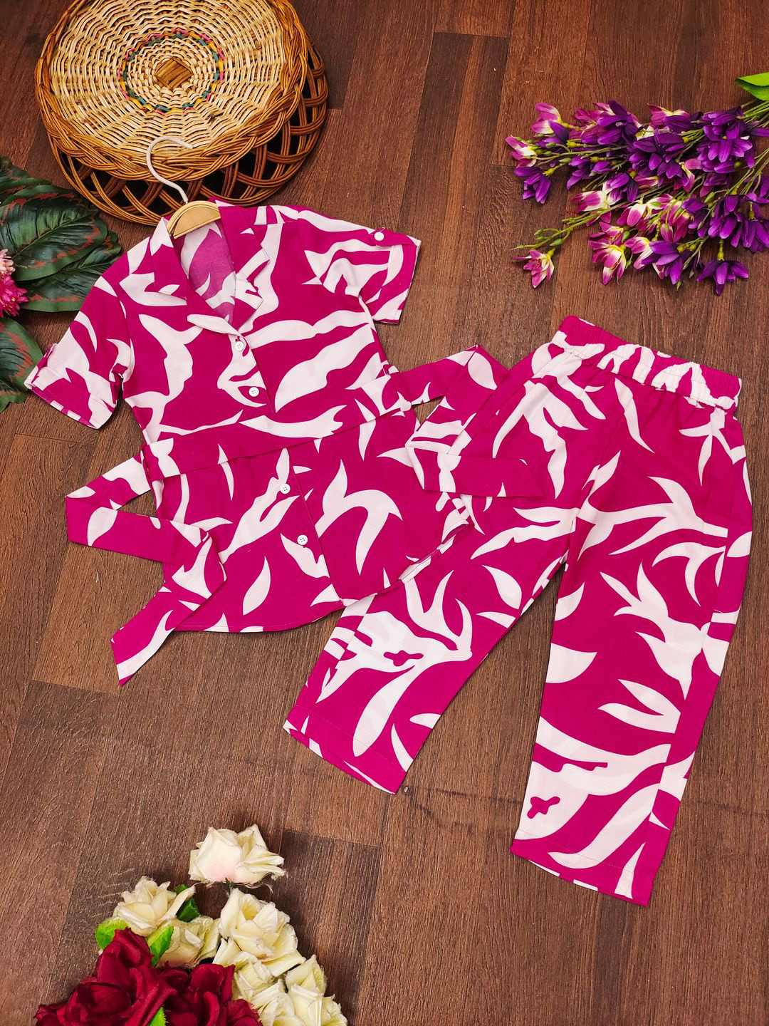 BAESD Girls Printed Shirt Collar Shirt With Trouser & Waist Belt
