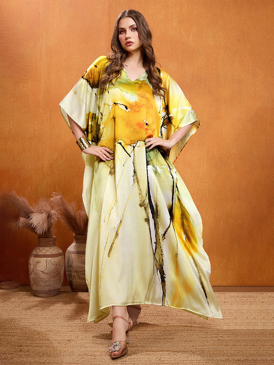 LABEL AARNA Sun-Kissed Soft Satin Kaftan with Digital Print