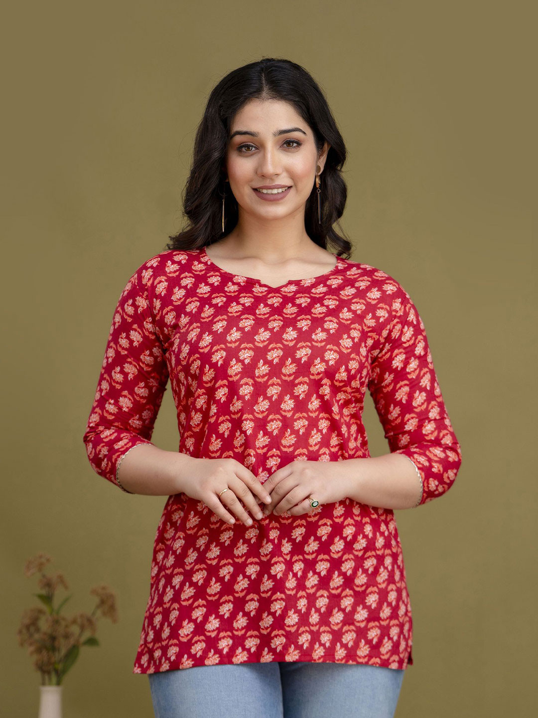 FEMARY Floral Print Sweetheart Neck Cotton Top