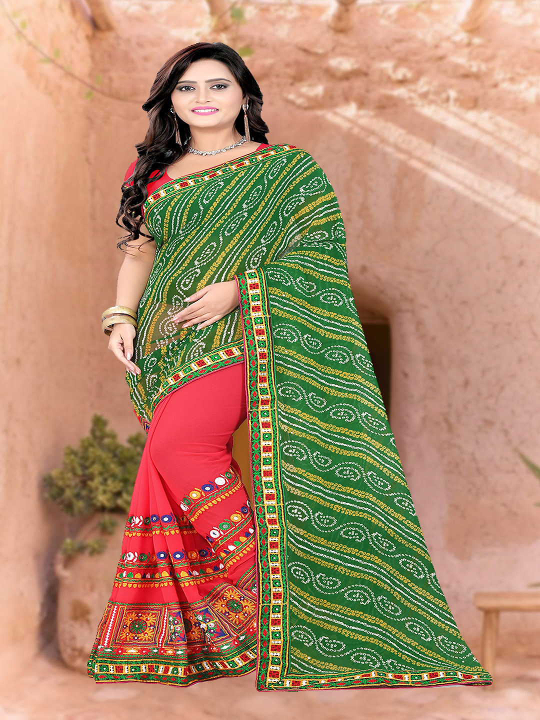 KALINI Pink & Green Bandhani Beads and Stones Saree