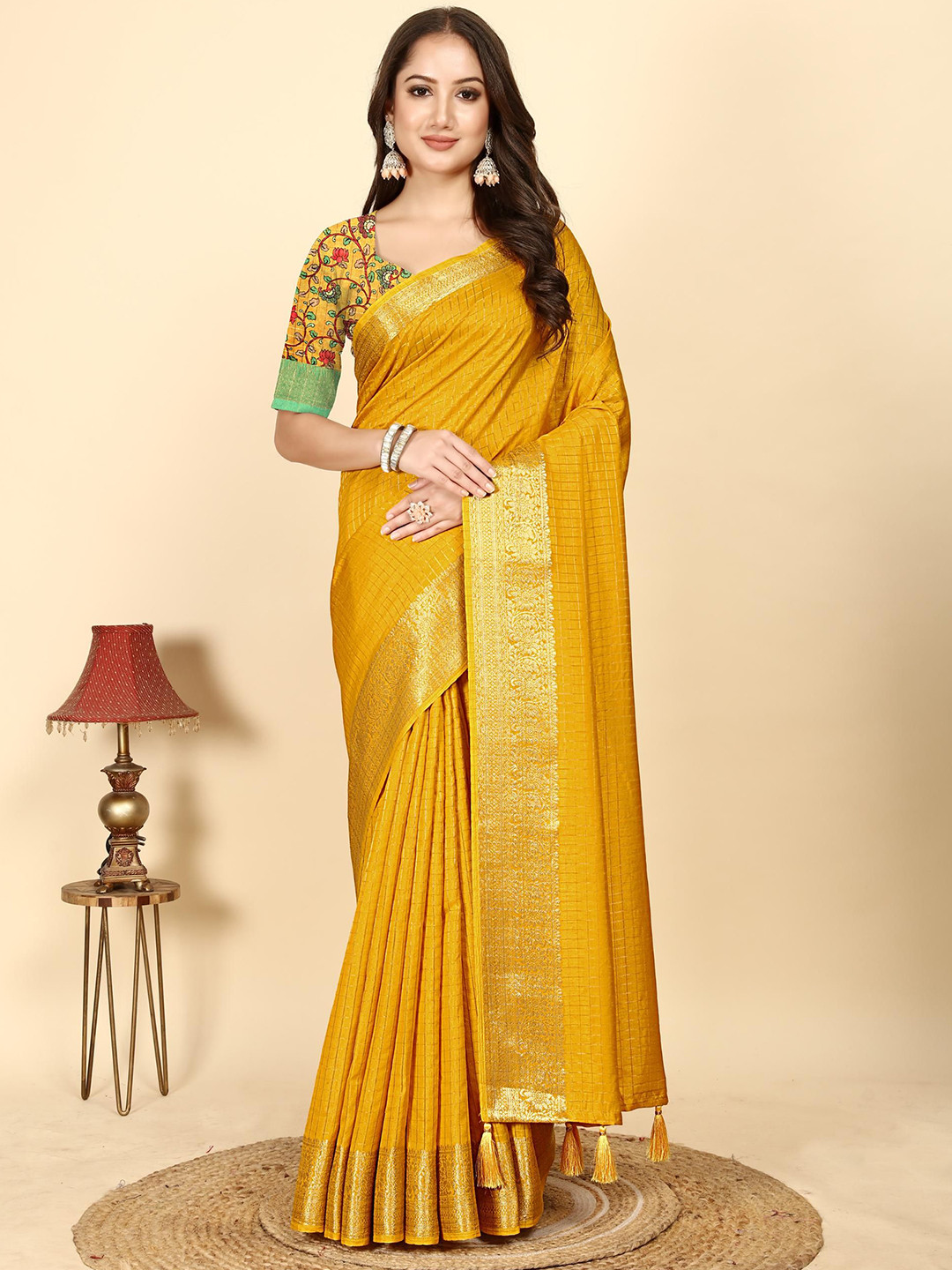 J 6 DESIGNER Woven Design Art Silk Block Print Saree