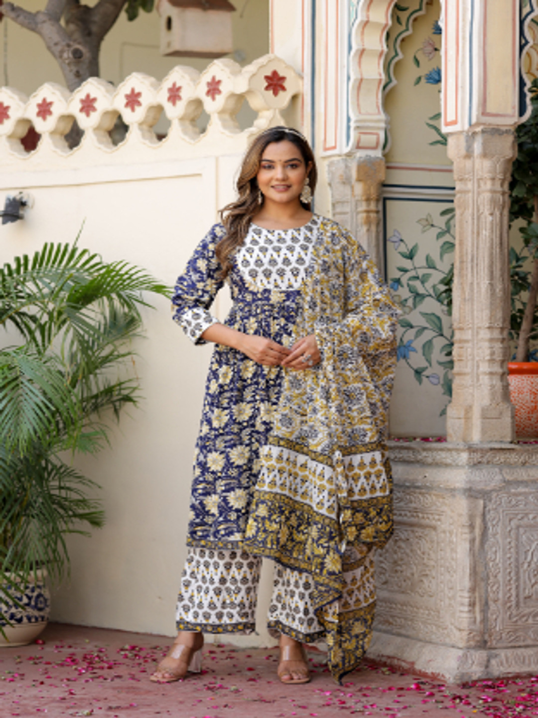 BAIRAJ Women Floral Printed Regular Gotta Patti Kurta with Palazzos & With Dupatta