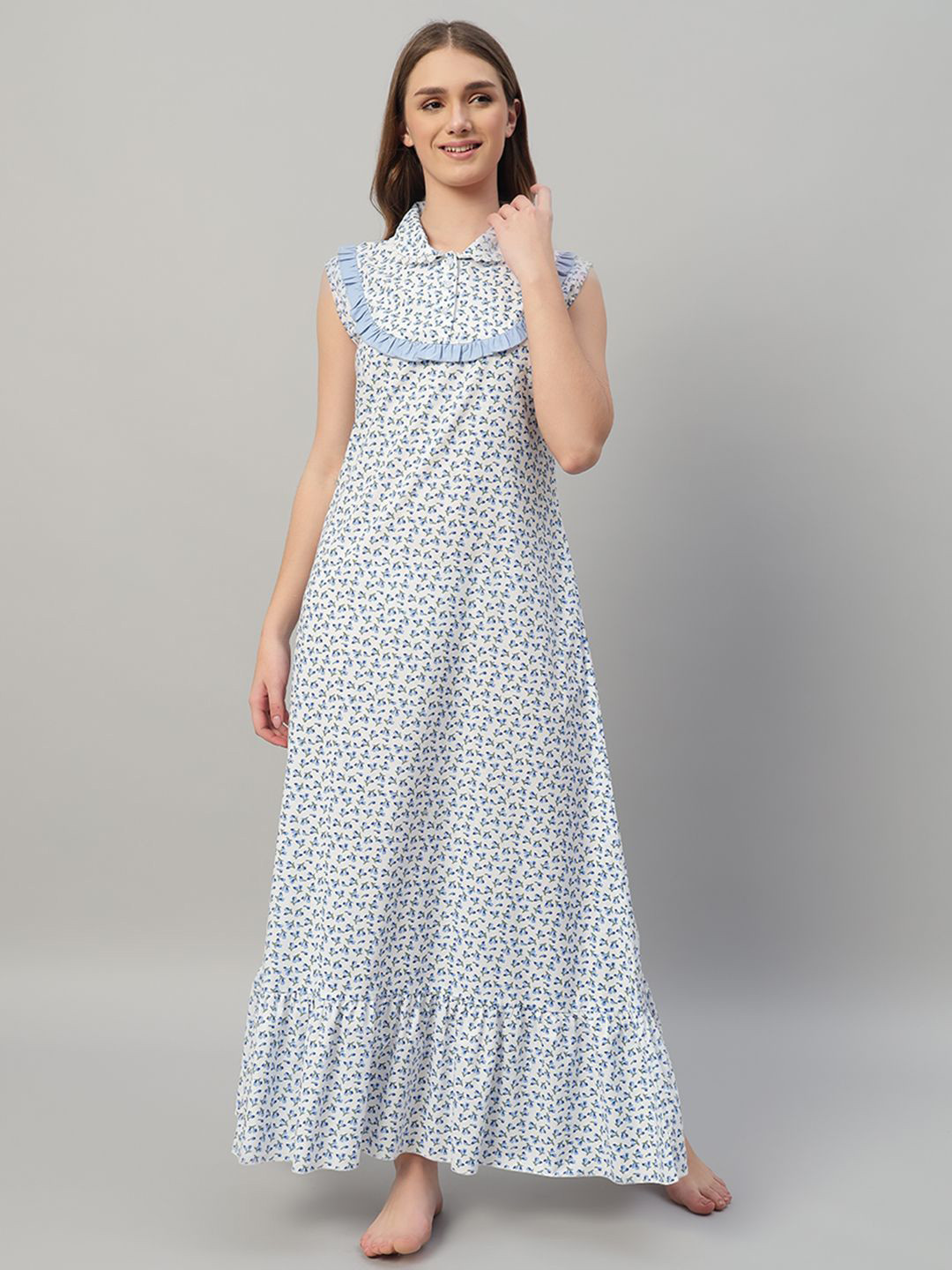 SEPHANI Blue Printed Pure Cotton Maxi Nightdress