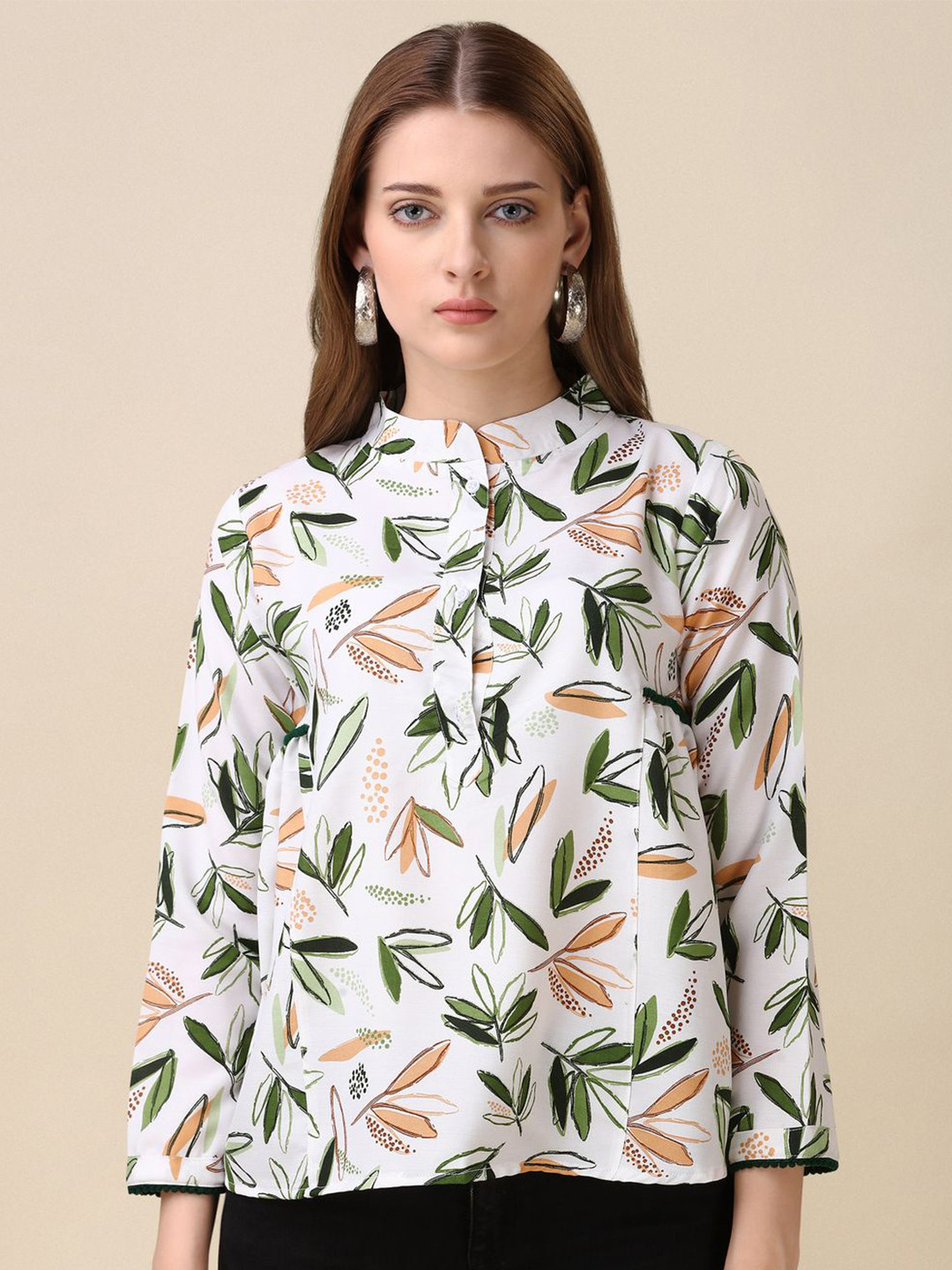 RIEKA Floral Print Mandarin Collar Top