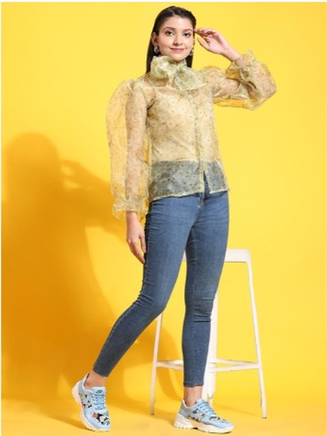 Rujave Floral Printed Tie-Up Neck Puffed Sleeves Sheer Organza Shirt Style Top
