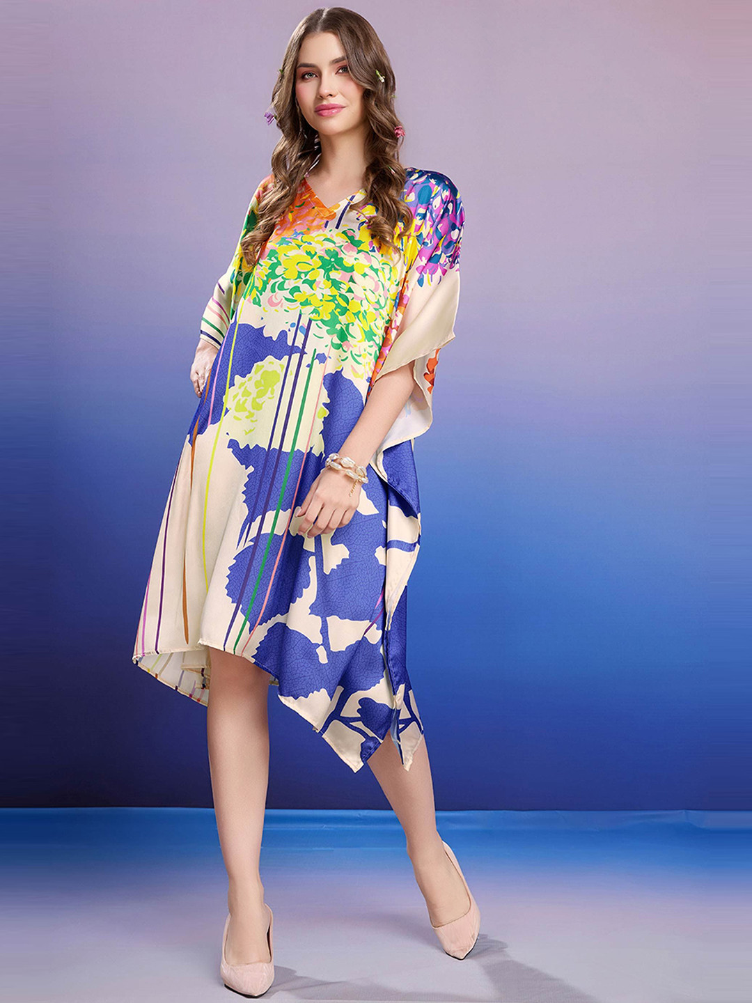 LABEL AARNA Whispering Colors Soft Satin Short Kaftan with Digital Print
