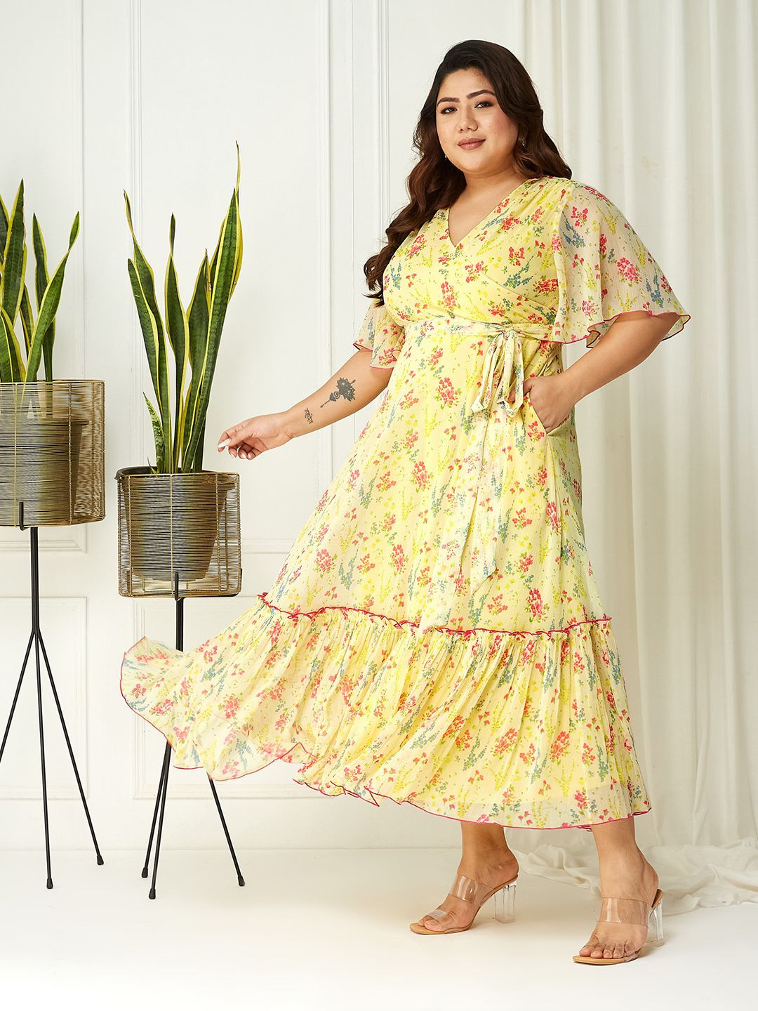 Miss Chase A+ Plus Size Floral Print Flared Sleeve Chiffon Maxi Dress