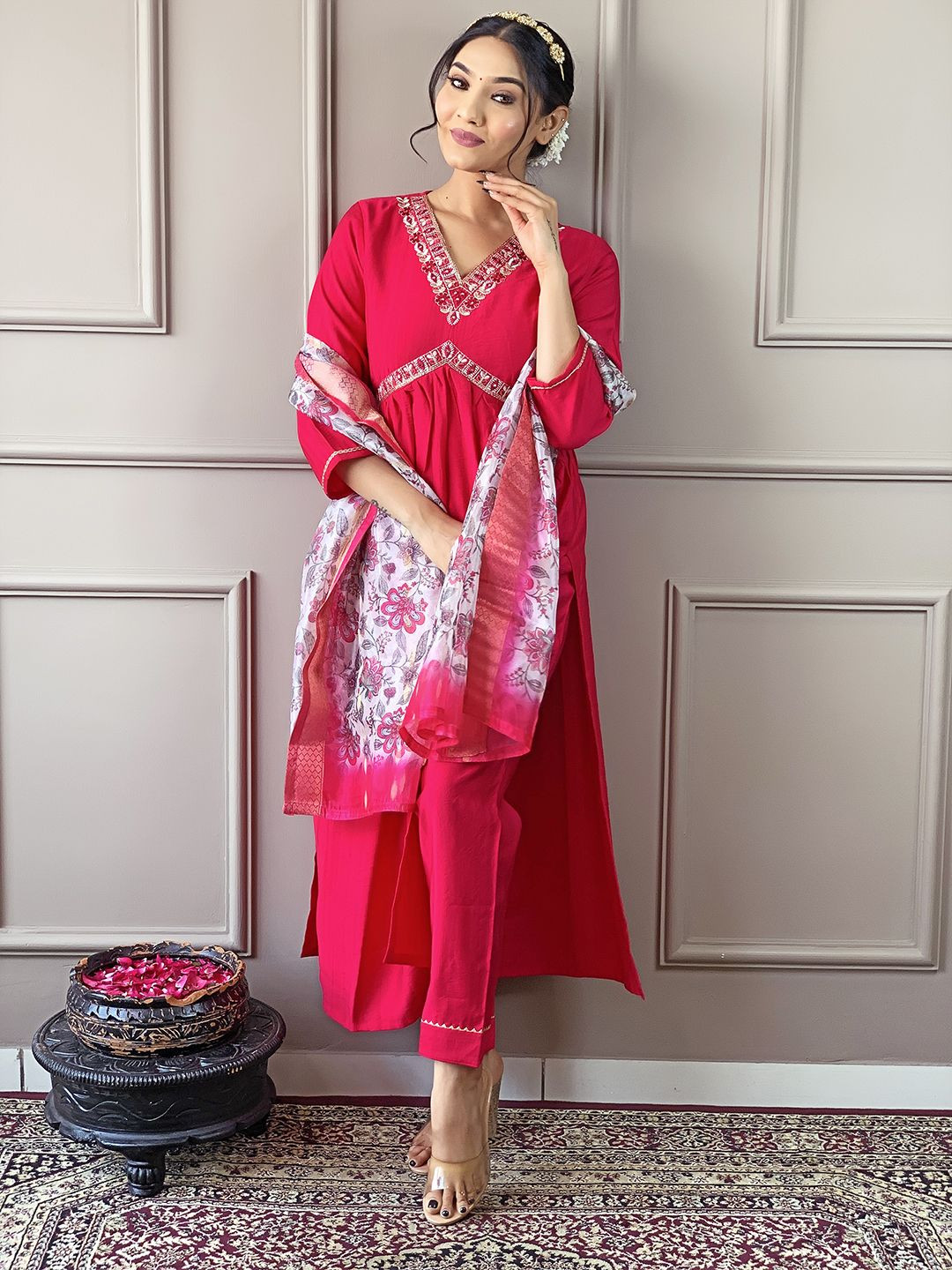 Siya Fashion Embroidered V-Neck Sequinned Empired A-Line Kurta With Trousers & Dupatta