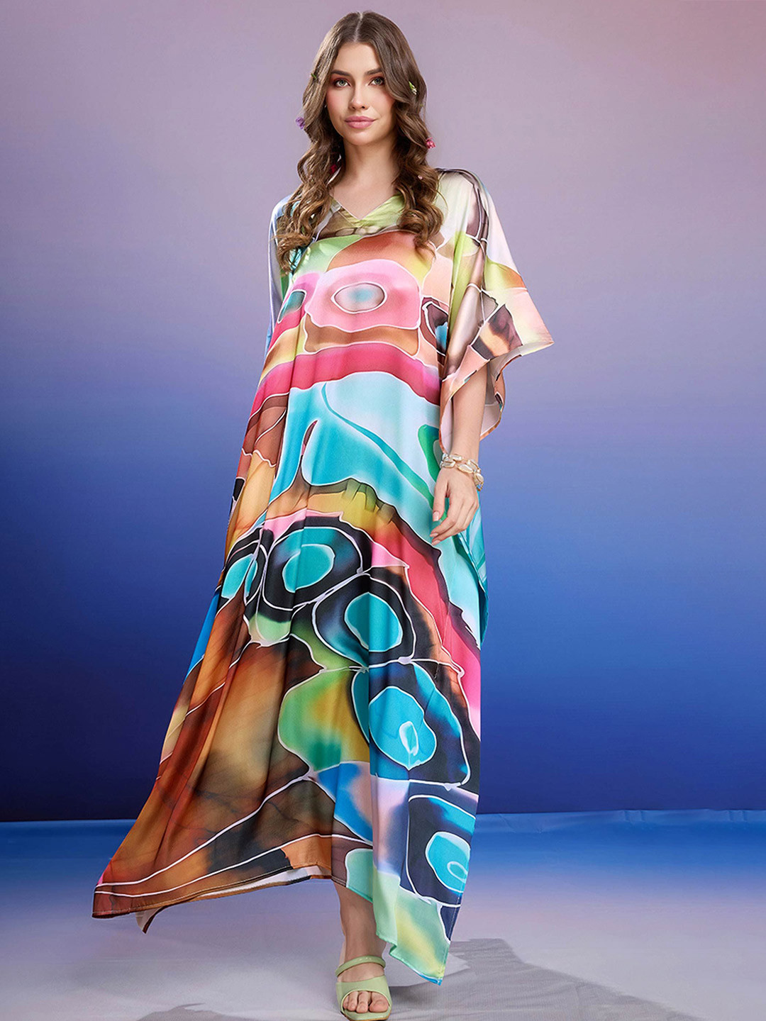 LABEL AARNA Women Prismatic Bliss Soft Satin Kaftan with Digital Print