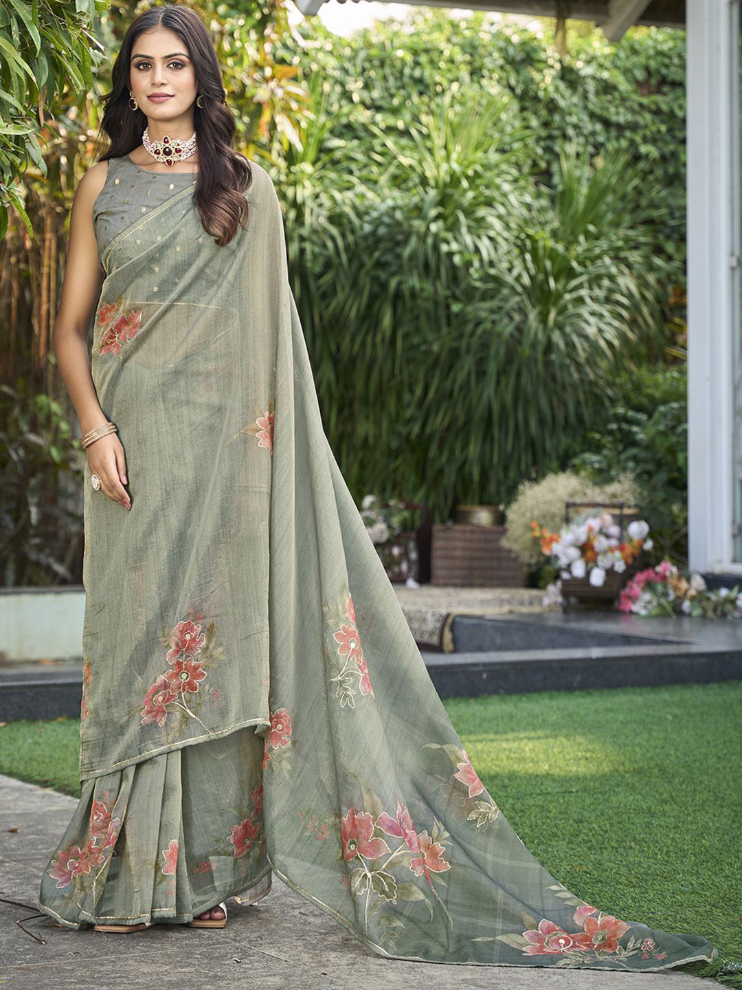 Mitera Floral Aari Work Tissue Designer Kanjeevaram Saree