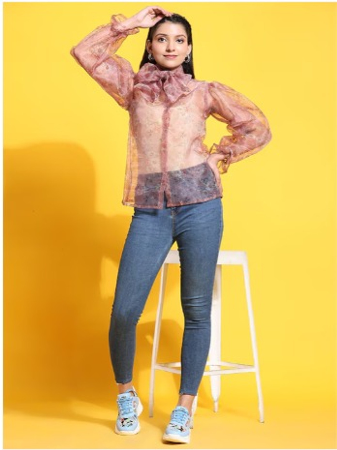Rujave Floral Printed Tie-Up Neck  Puffed Sleeves Organza Shirt Style Top