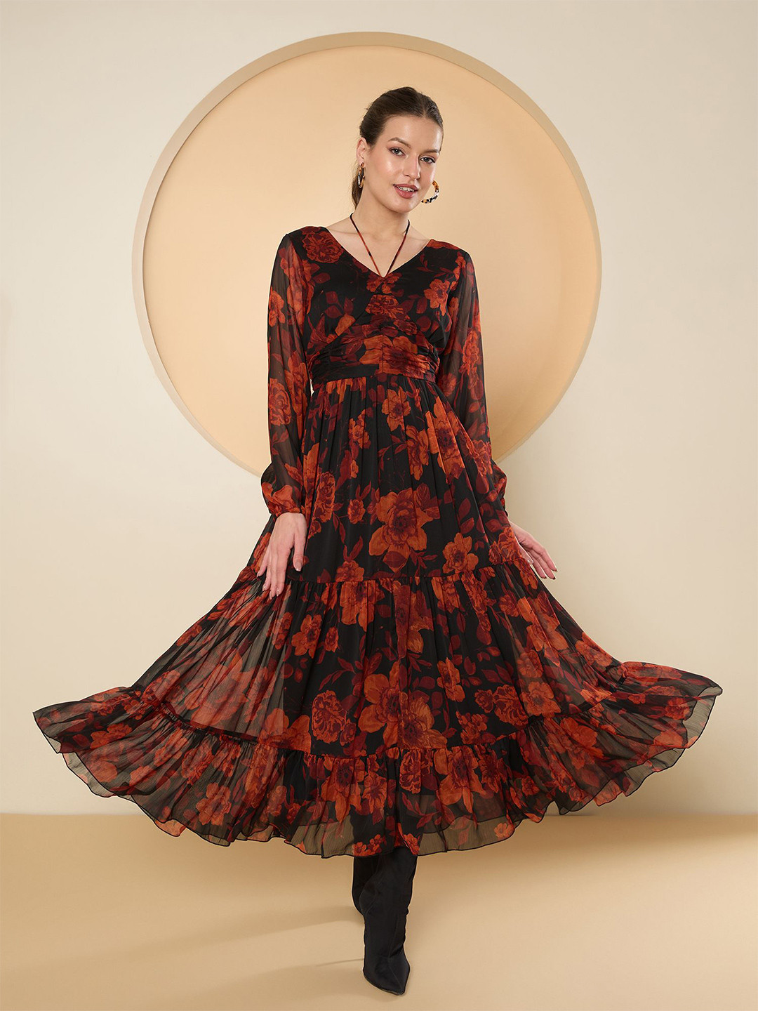 Antheaa Floral Print Chiffon Fit & Flare Tiered Maxi Dress