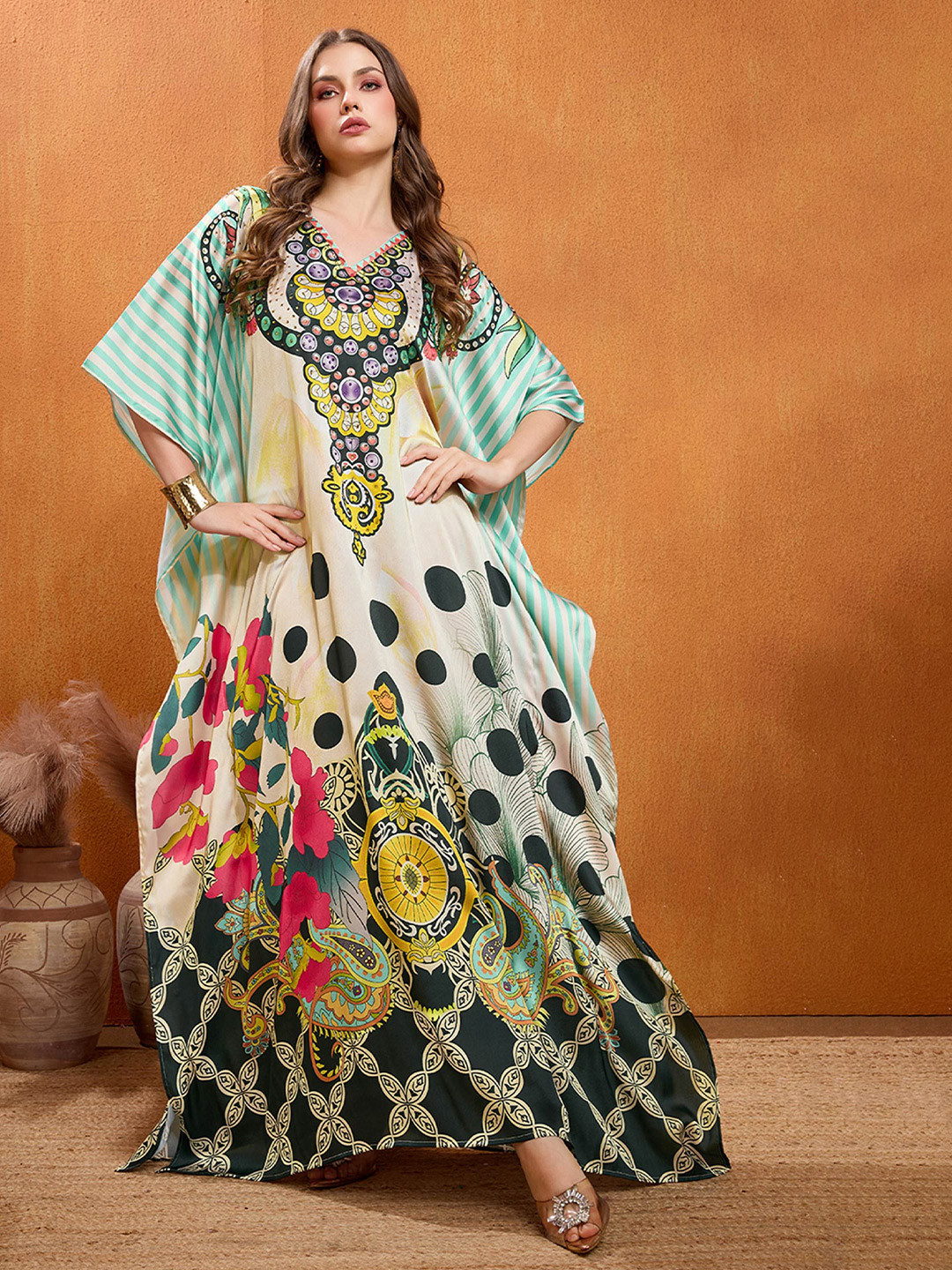 LABEL AARNA Evergreen Lagoon Soft Satin Kaftan with Rhinestones