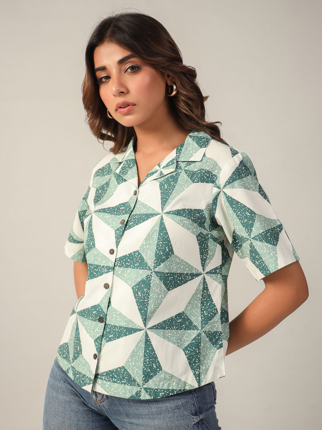 June 9 Clothing Women Classic Boxy Fit Cuban Collar Floral Printed Cotton Casual Shirt
