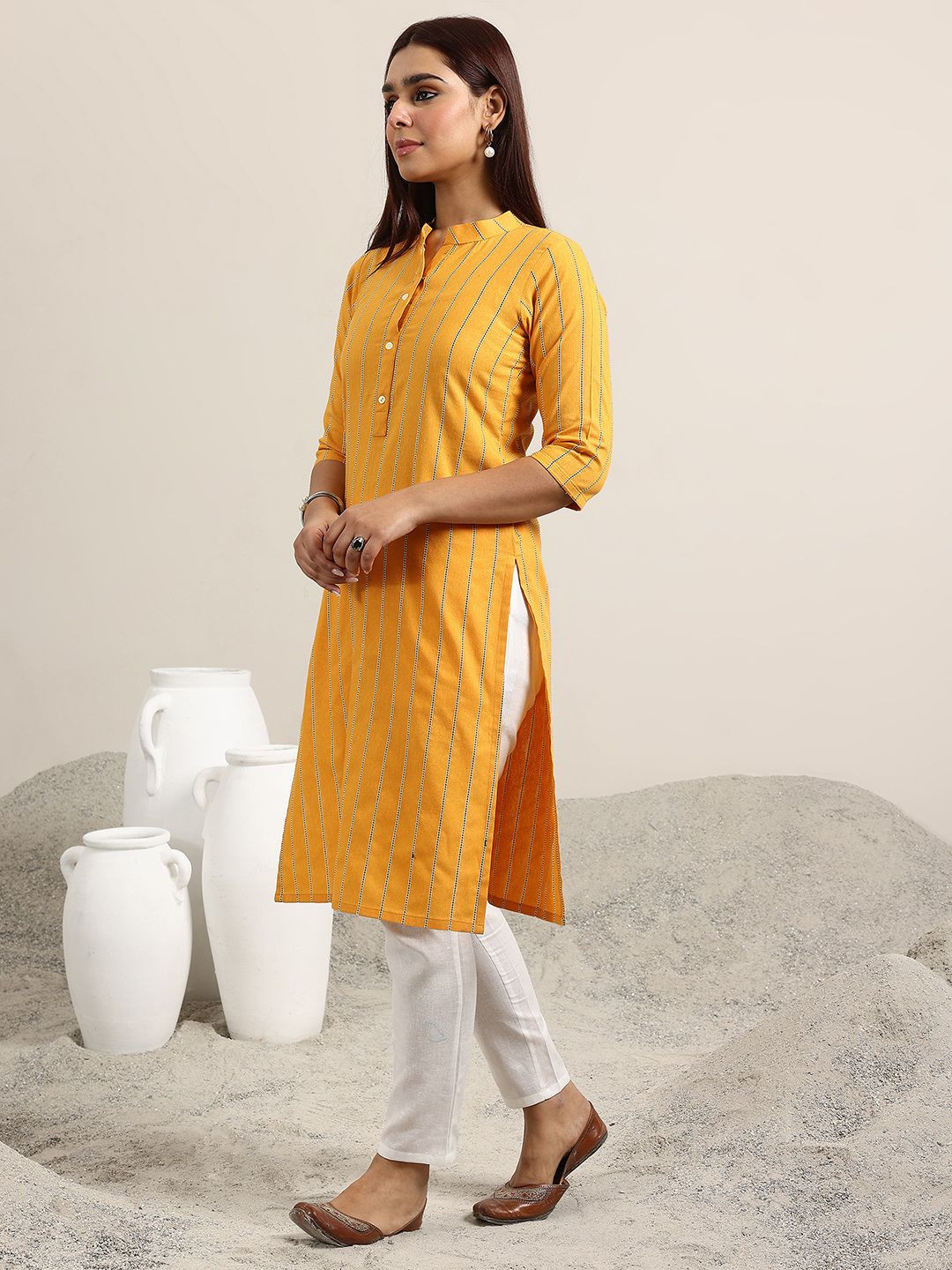Gerua By Libas Striped Printed Thread Work Band Collar Straight Kurta