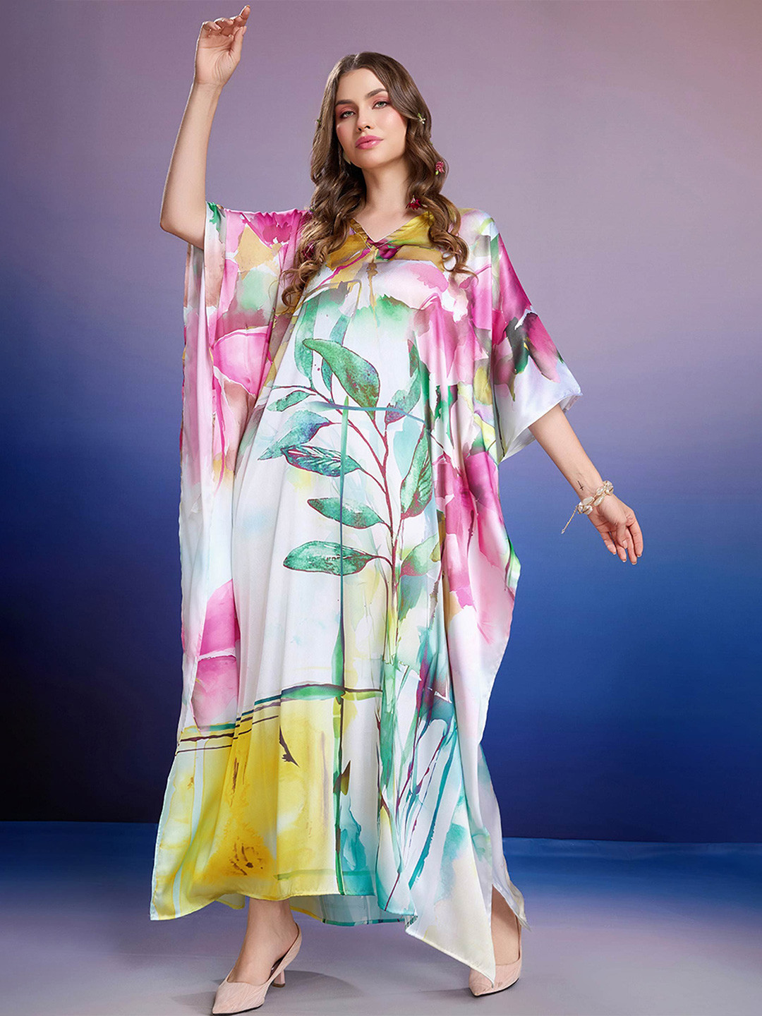 LABEL AARNA Women Leafy Dawn Soft Satin Kaftan with Digital Print