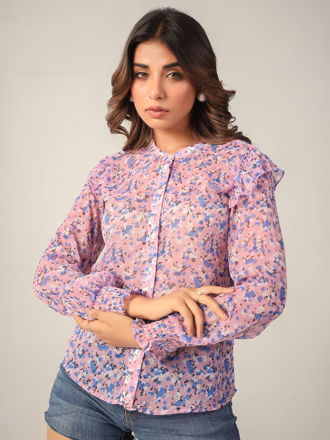 June 9 Clothing Women Classic Fit Floral Printed Semi Sheer Chiffon Casual Shirt