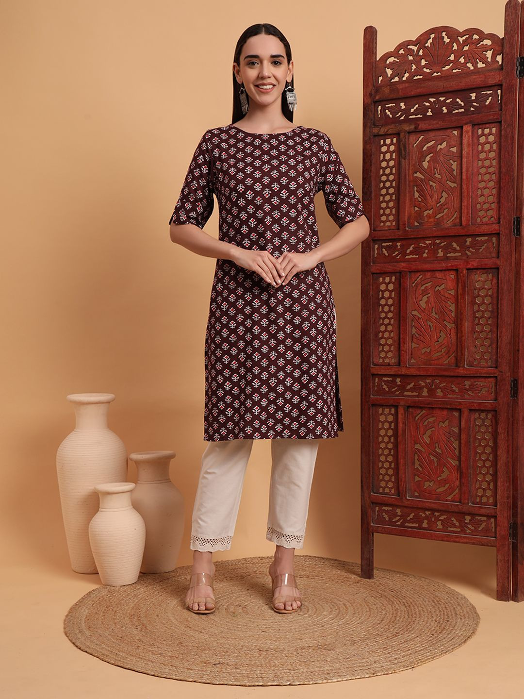 Anouk Rustic Floral Printed Round Neck Straight Kurta