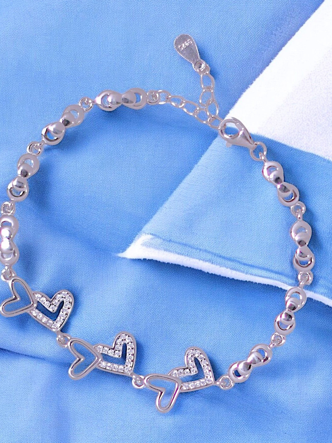 Taraash 925 Sterling Silver Rhodium-Plated CZ-Stone Studded Open-Heart Link Bracelet