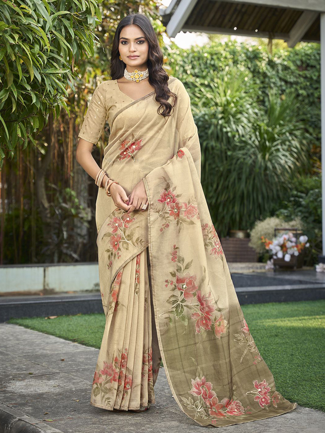 Mitera Floral Aari Work Tissue Kanjeevaram Saree