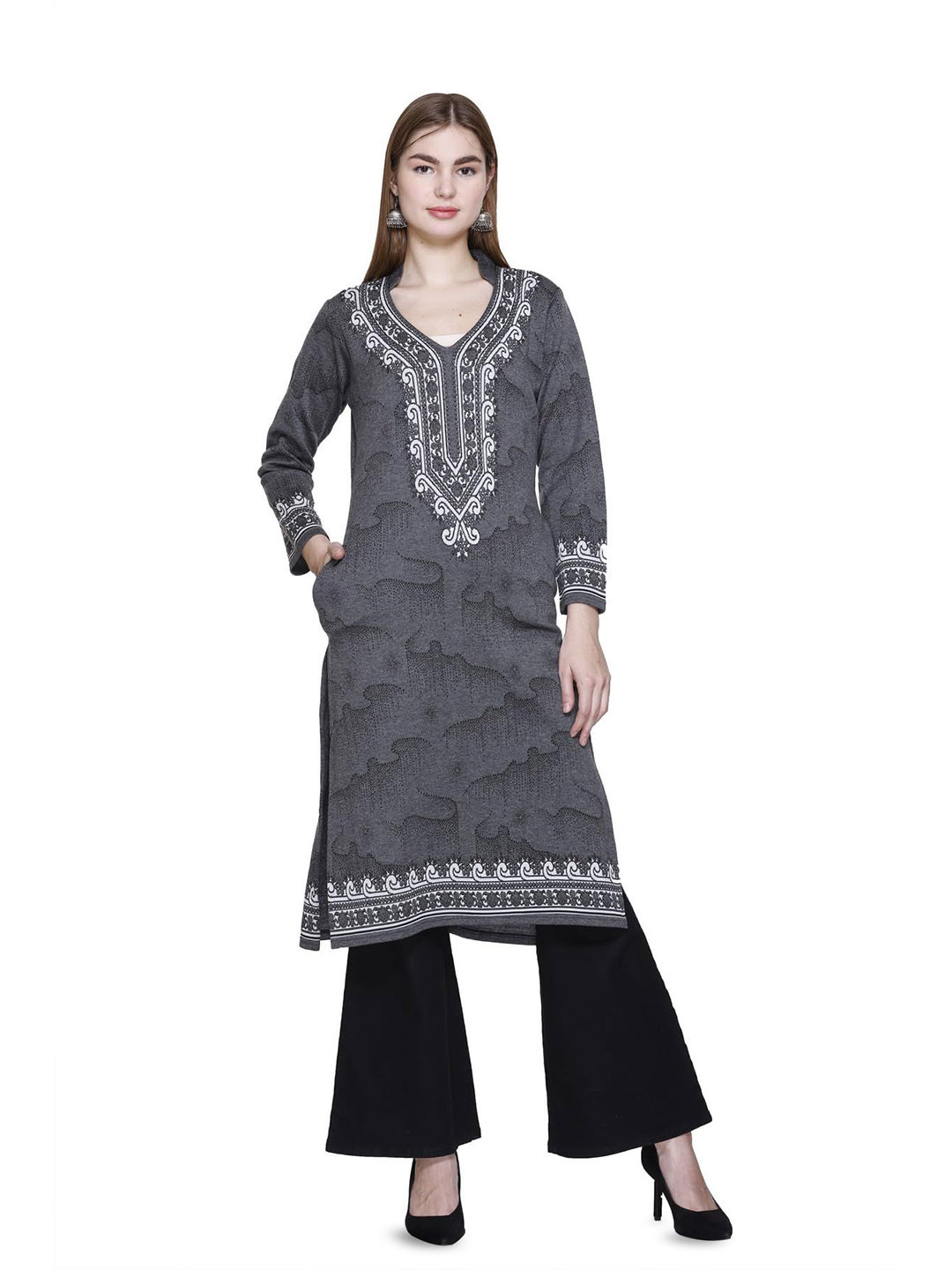 ROSARY Ethnic Motifs Printed V-Neck Woolen Straight Kurta