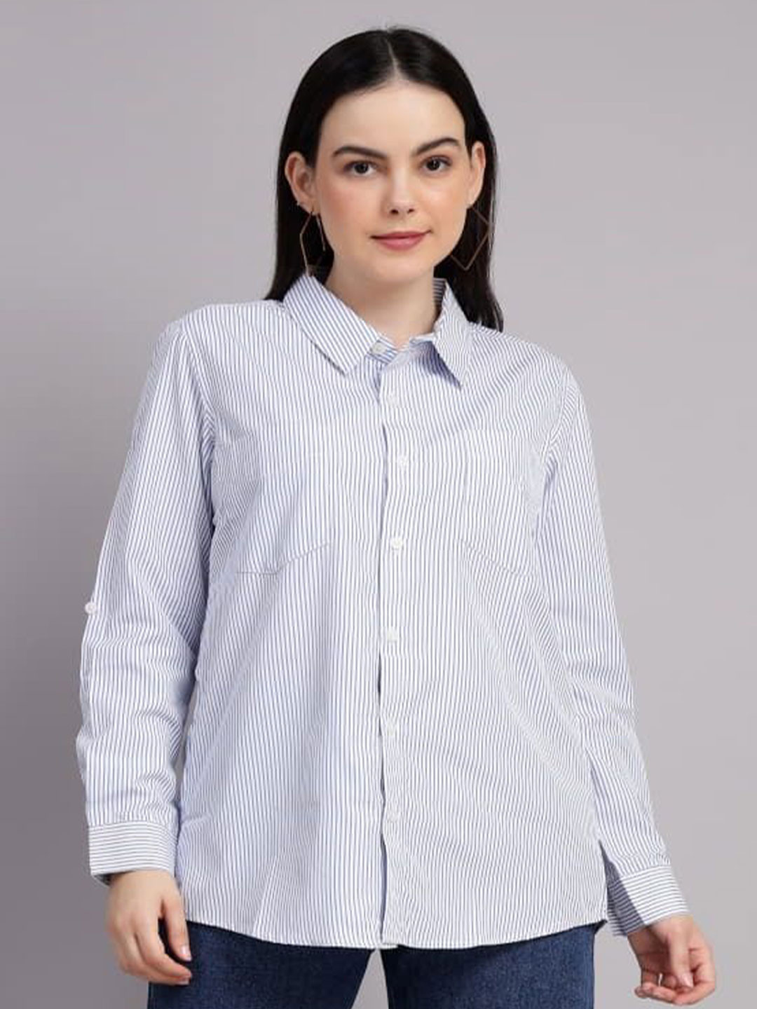 Blue Ronin Women Classic Relaxed Fit Spread Collar Vertical Striped Cotton Casual Shirt