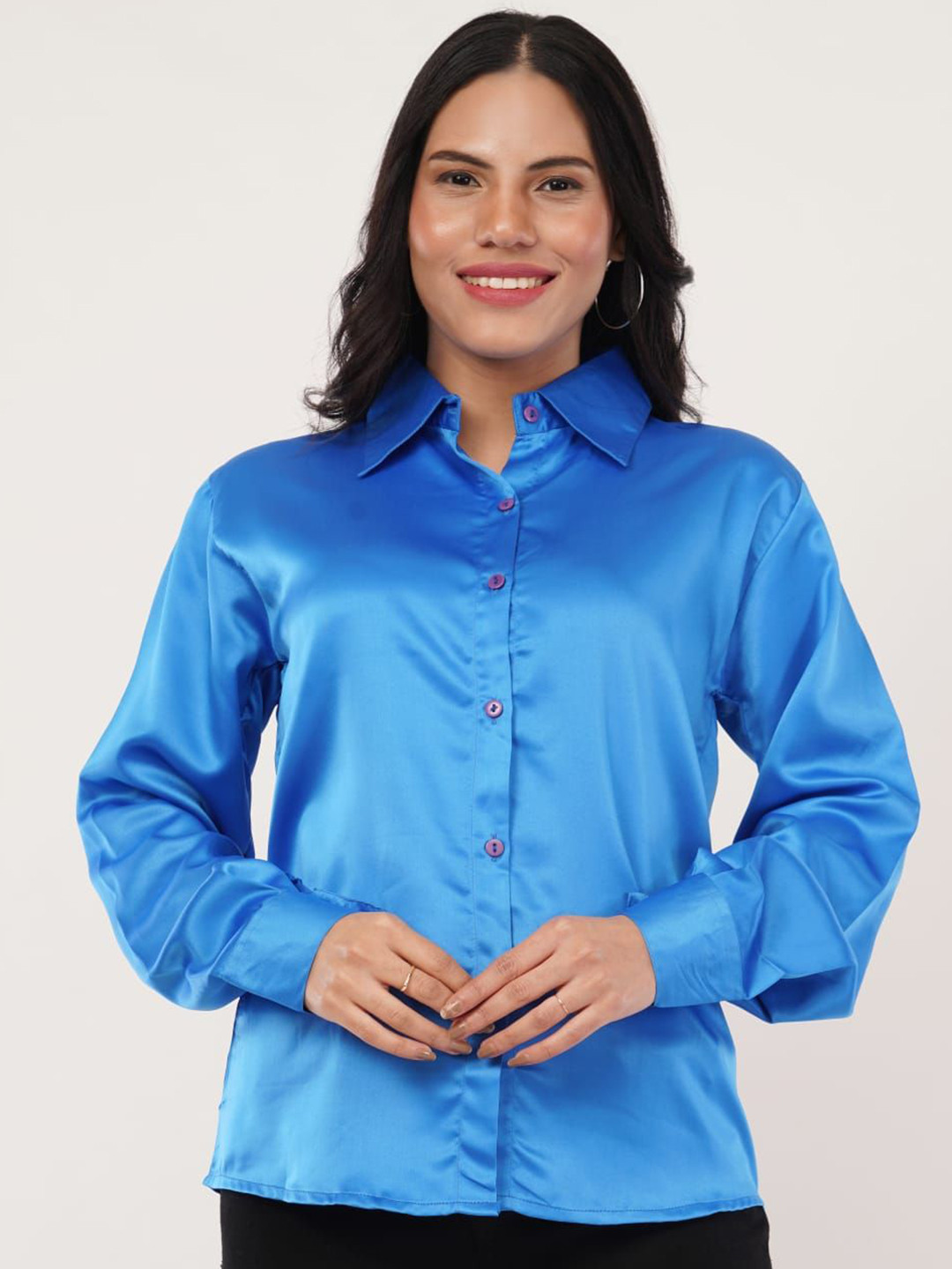 HIGH BUY Women Original Fit Spread Collar Solid Satin Casual Shirt