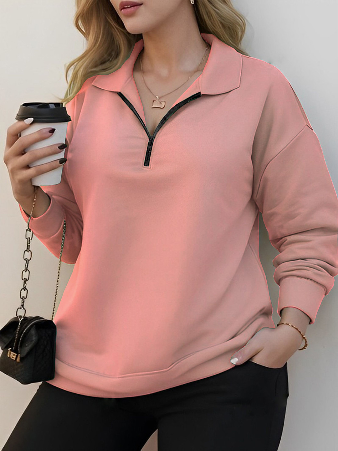 Parona Peach V-Neck Half Zipper Sweatshirt