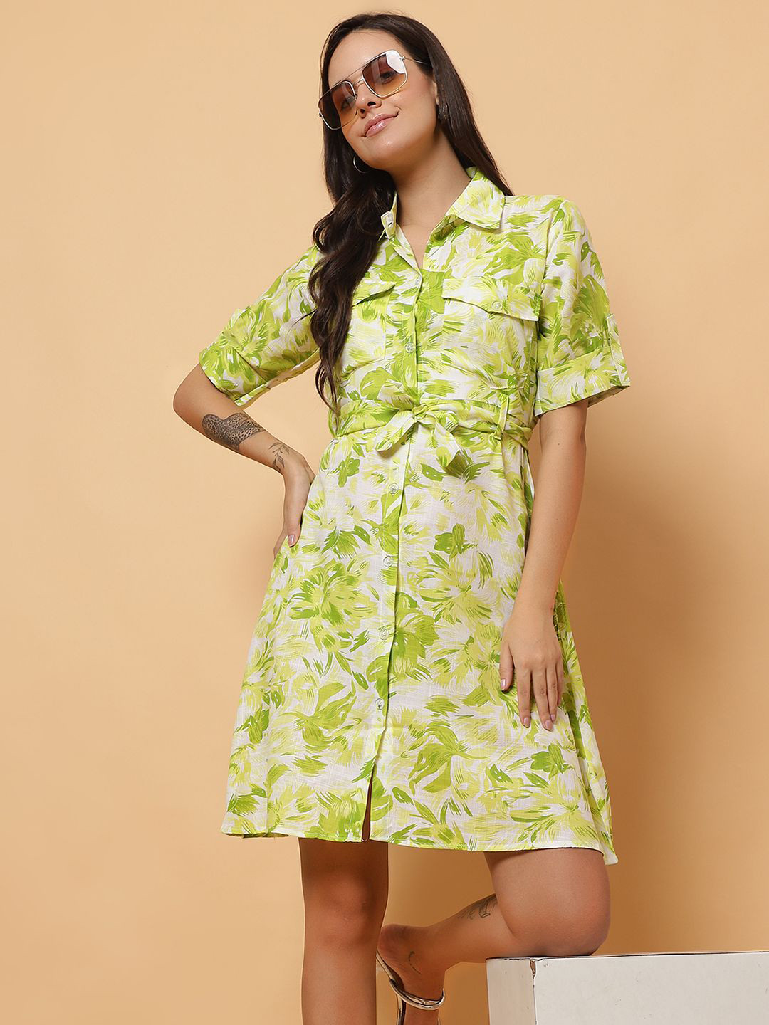 ROSEMELON Tropical Print Shirt Dress