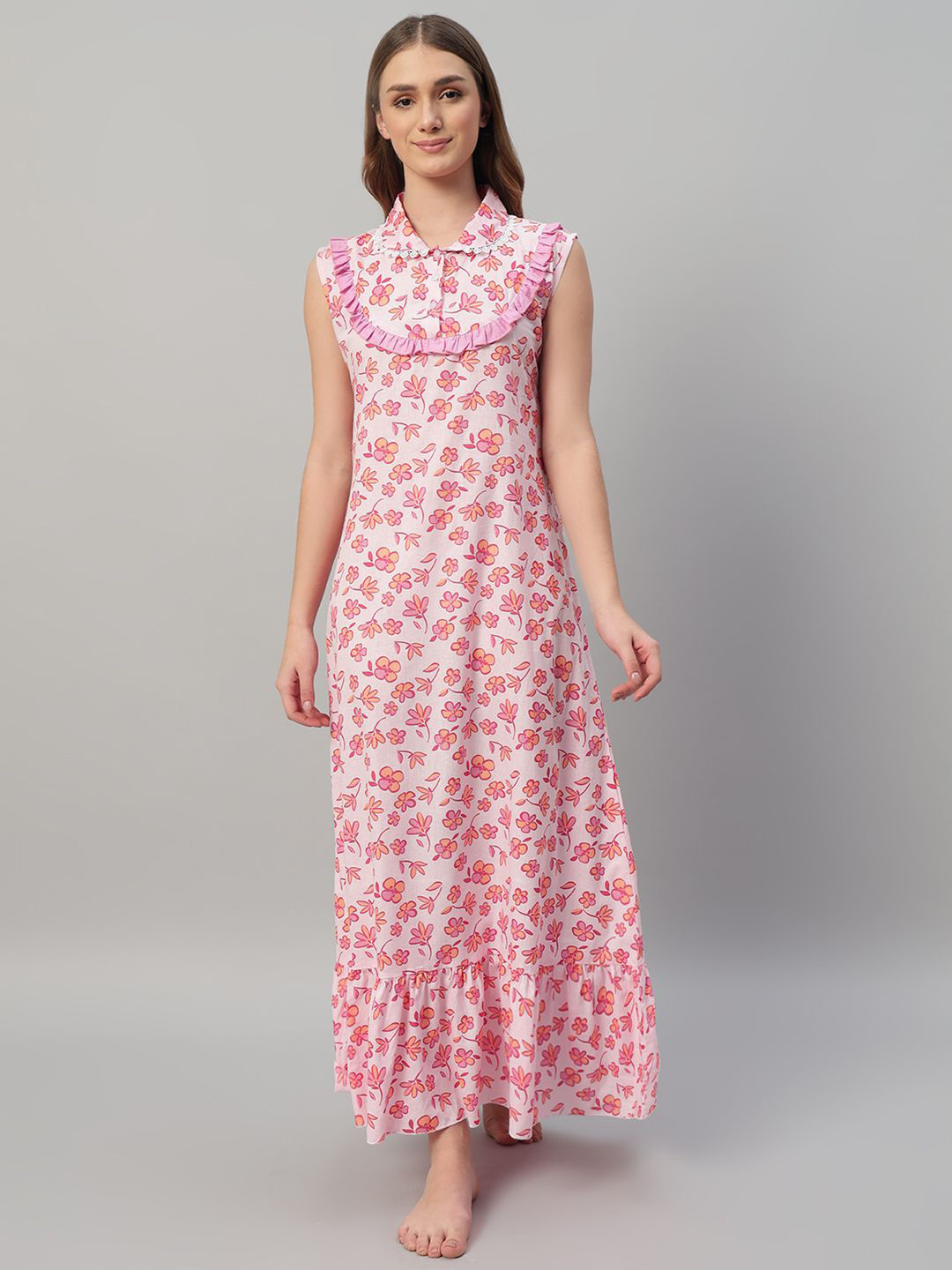 SEPHANI Pink Printed Pure Cotton Maxi Nightdress