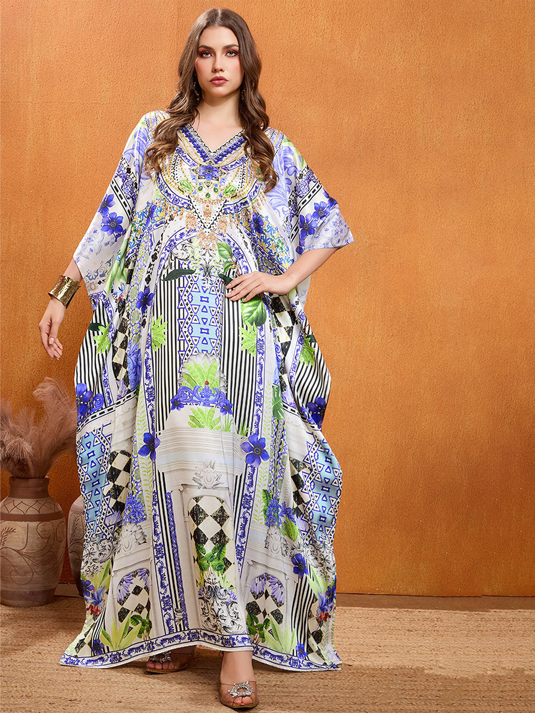 LABEL AARNA Women Opal Palace Soft Satin Kaftan with Rhinestones