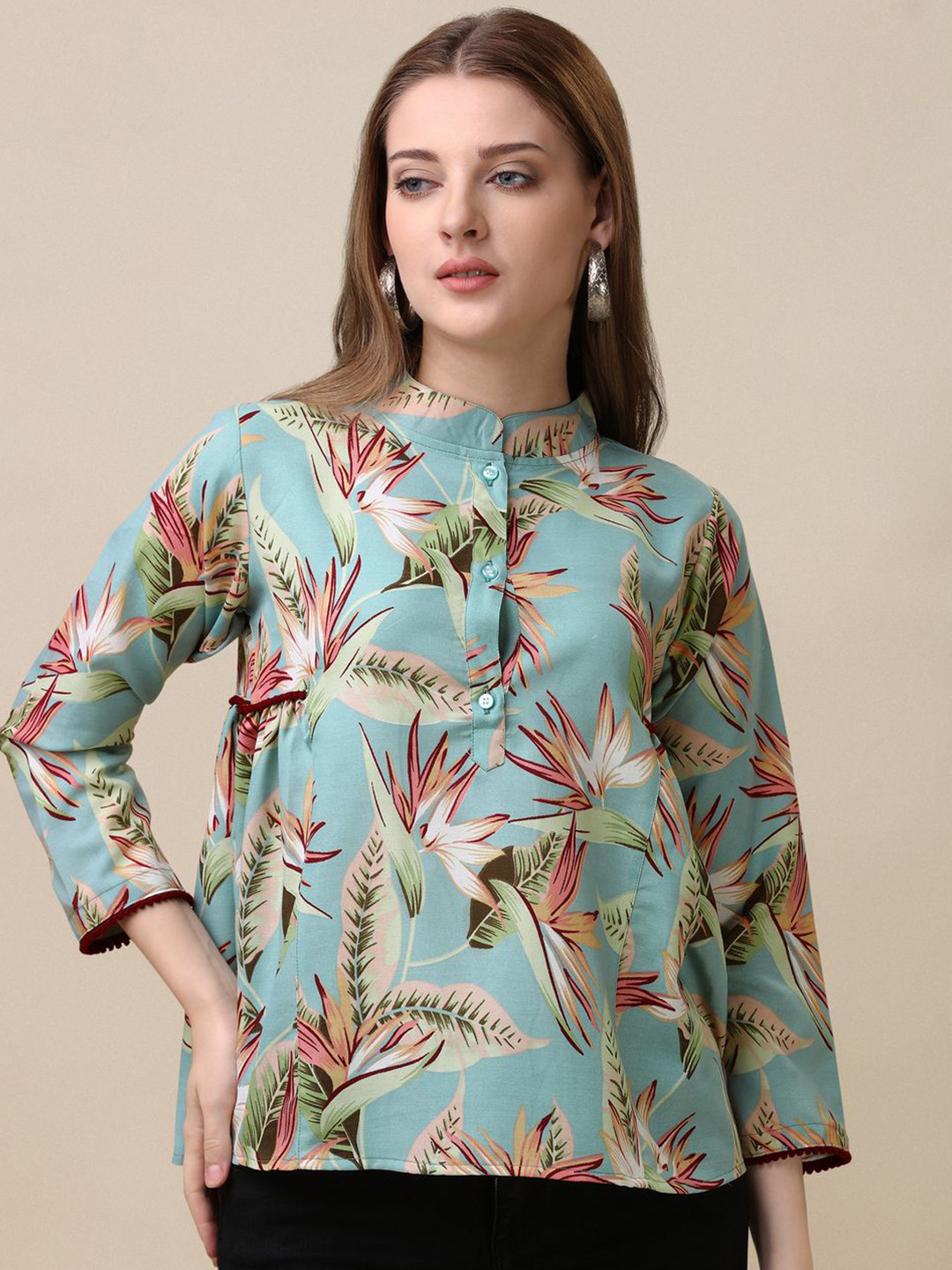RIEKA Floral Print Mandarin Collar Top
