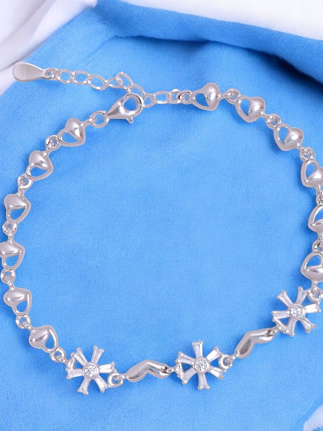 Taraash 925 Sterling Silver Rhodium-Plated CZ- Stone Studded Cross Flower Link Bracelet