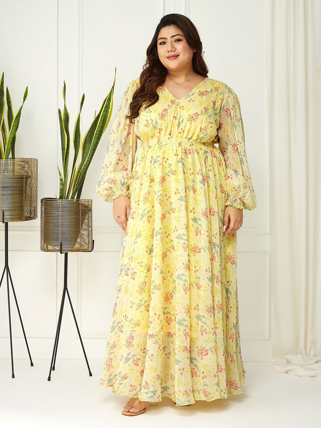 Miss Chase A+ Plus Size Floral Print Bell Sleeve Chiffon Fit & Flare Maxi Dress